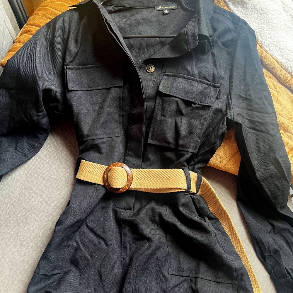 small black linen romper with belt